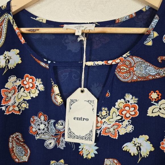 Entro Pom Pom Tunic Top sz L Blue Multicolor Paisley Floral Layered Boho Fairy - Picture 11 of 16